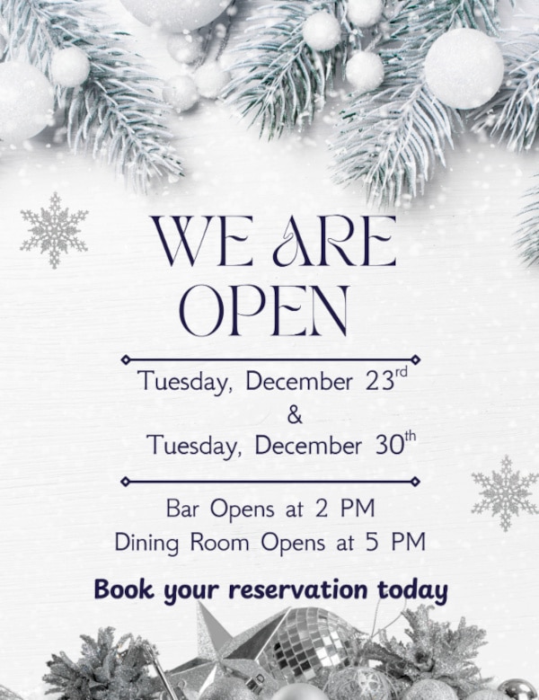 We are open Tuesday December 3rd and Tuesday December 30th